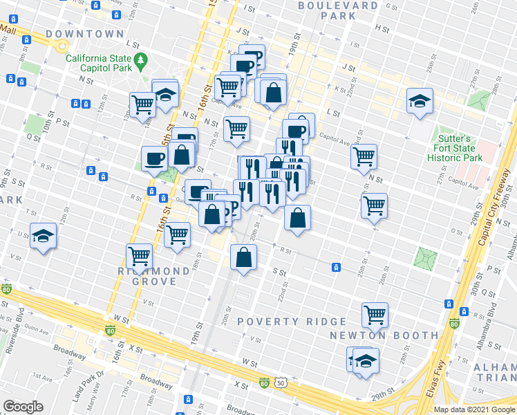 map of restaurants, bars, coffee shops, grocery stores, and more near 1616 20th Street in Sacramento
