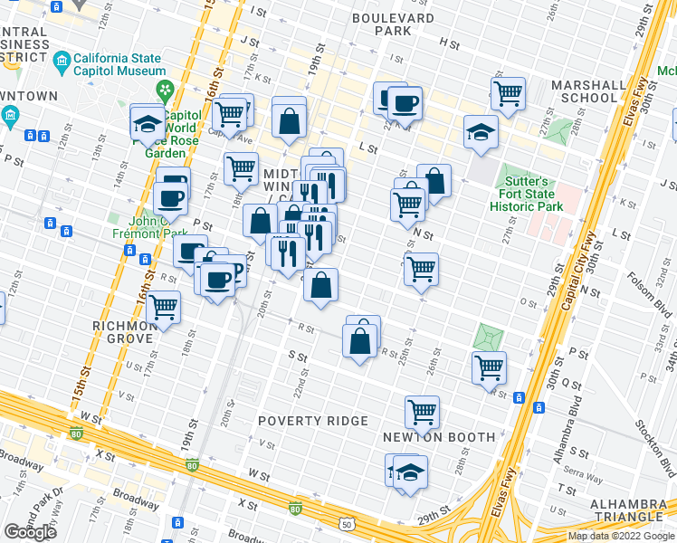 map of restaurants, bars, coffee shops, grocery stores, and more near P Street & 22nd Street in Sacramento