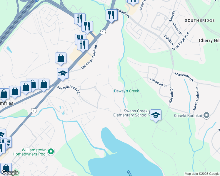 map of restaurants, bars, coffee shops, grocery stores, and more near 17568 Summer Duck Drive in Dumfries