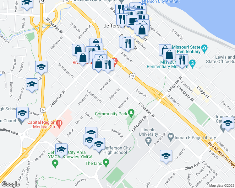 map of restaurants, bars, coffee shops, grocery stores, and more near 711 Adams Street in Jefferson City