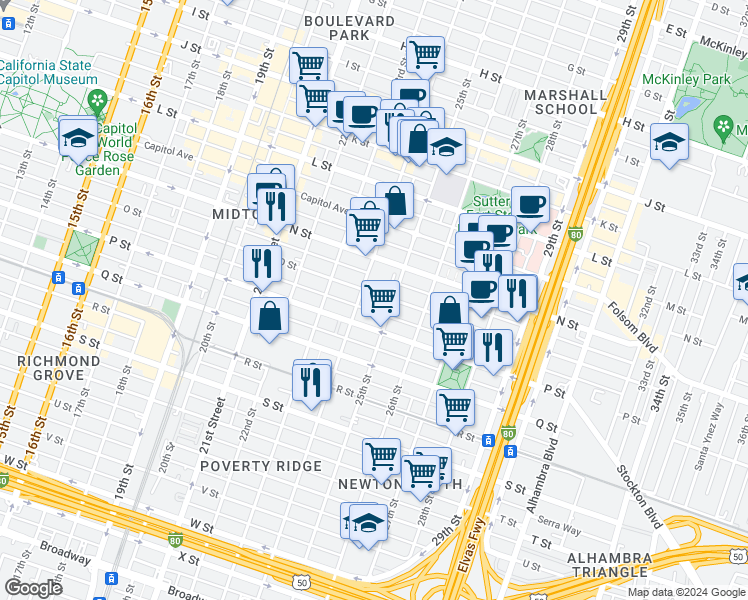 map of restaurants, bars, coffee shops, grocery stores, and more near 2414 O Street in Sacramento
