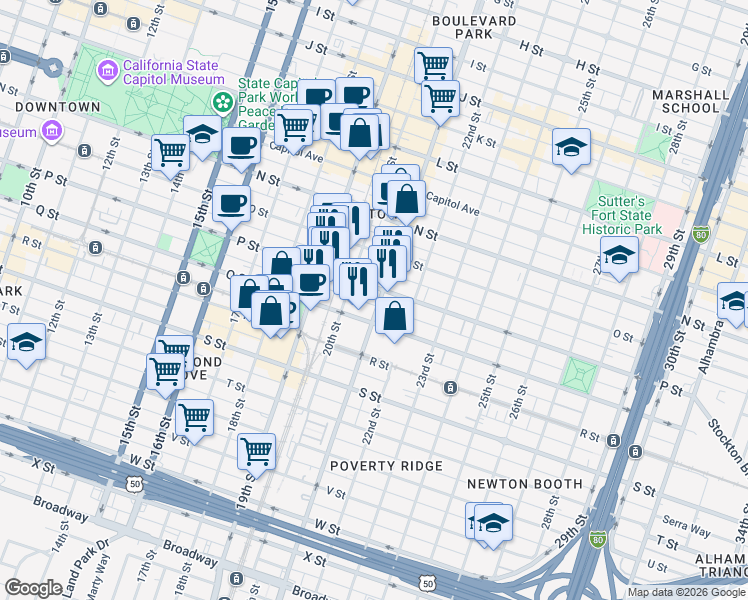 map of restaurants, bars, coffee shops, grocery stores, and more near 2026 P Street in Sacramento