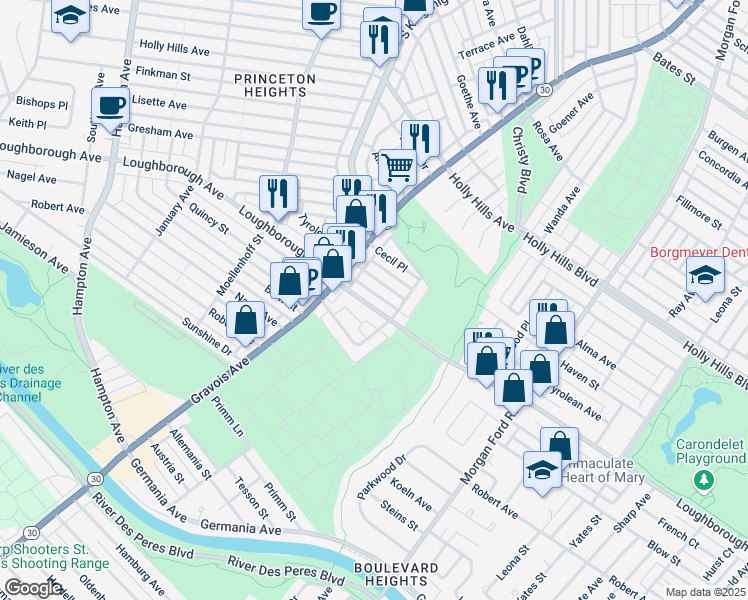 map of restaurants, bars, coffee shops, grocery stores, and more near 4629 Loughborough Avenue in St. Louis