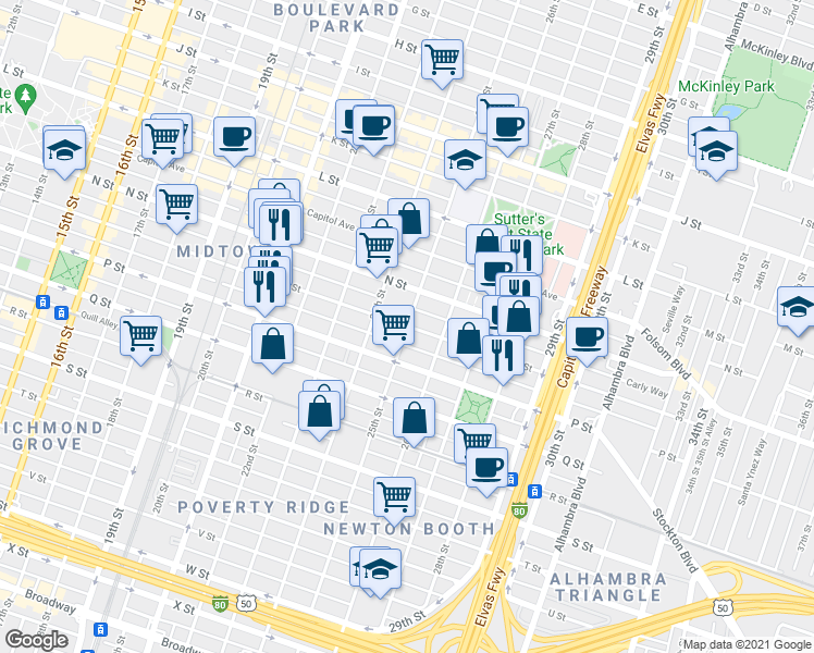 map of restaurants, bars, coffee shops, grocery stores, and more near 25th Street & O Street in Sacramento