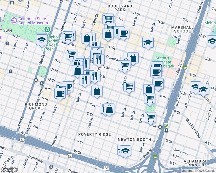 map of restaurants, bars, coffee shops, grocery stores, and more near 1520 23rd Street in Sacramento