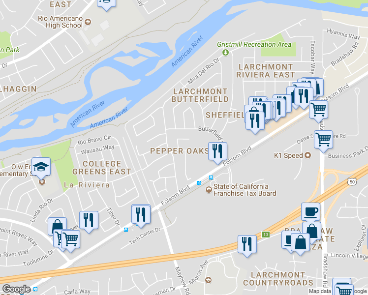 map of restaurants, bars, coffee shops, grocery stores, and more near 9419 Linda Rio Drive in Sacramento