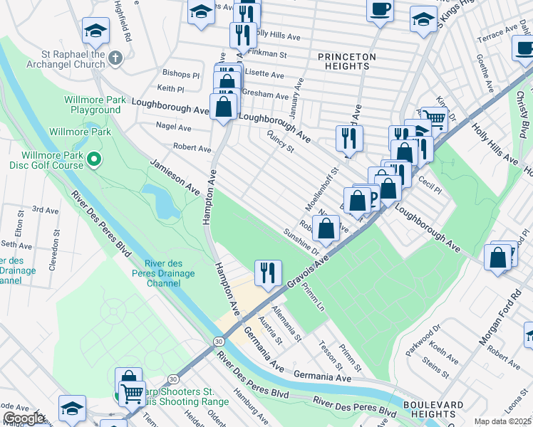 map of restaurants, bars, coffee shops, grocery stores, and more near 5301 Sunshine Drive in St. Louis
