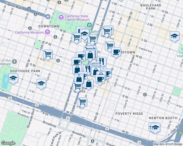 map of restaurants, bars, coffee shops, grocery stores, and more near 1720 17th Street in Sacramento
