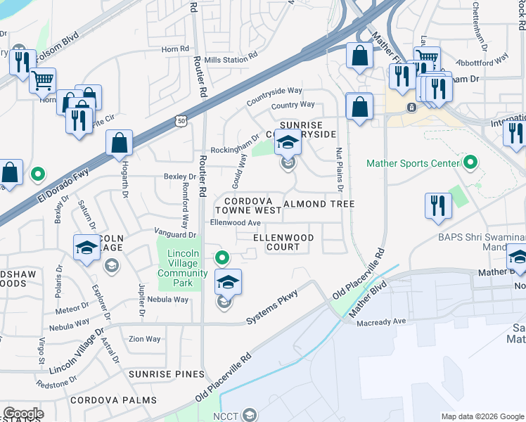map of restaurants, bars, coffee shops, grocery stores, and more near 10168 De Soto Way in Sacramento