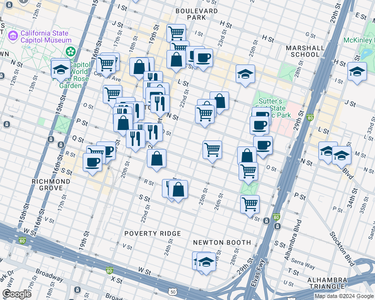 map of restaurants, bars, coffee shops, grocery stores, and more near 1520 23rd Street in Sacramento