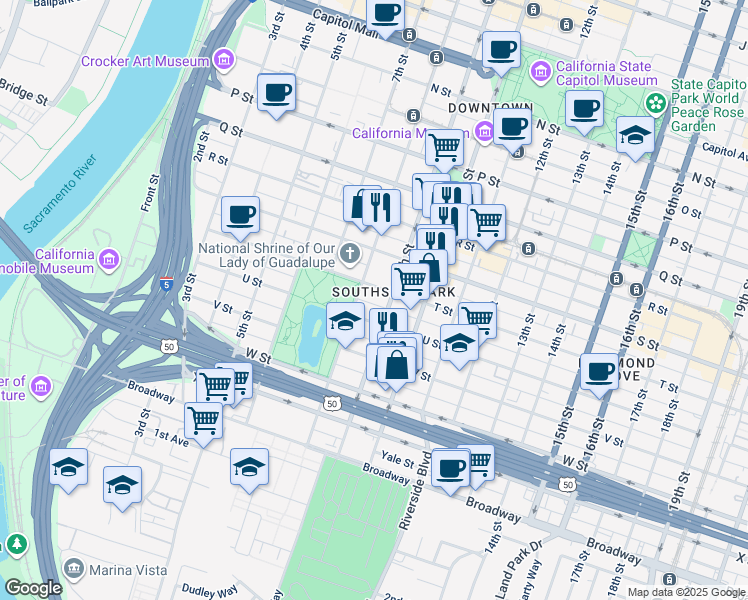 map of restaurants, bars, coffee shops, grocery stores, and more near in Sacramento
