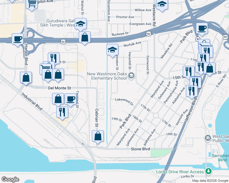 map of restaurants, bars, coffee shops, grocery stores, and more near 1704 Gardenia Avenue in West Sacramento
