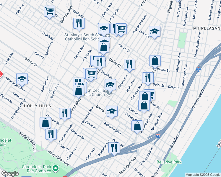 map of restaurants, bars, coffee shops, grocery stores, and more near 5238 Louisiana Avenue in St. Louis