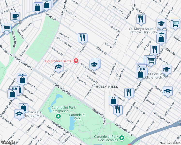 map of restaurants, bars, coffee shops, grocery stores, and more near 3940 Wilmington Avenue in St. Louis