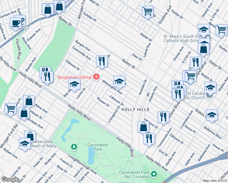 map of restaurants, bars, coffee shops, grocery stores, and more near 3940 Wilmington Avenue in St. Louis