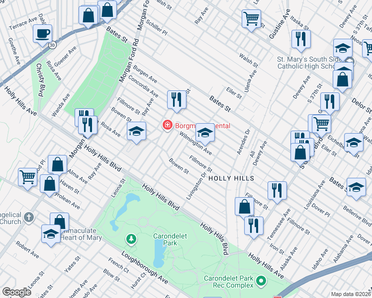 map of restaurants, bars, coffee shops, grocery stores, and more near 3940 Wilmington Avenue in St. Louis