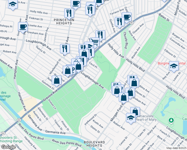 map of restaurants, bars, coffee shops, grocery stores, and more near 4629 Loughborough Avenue in St. Louis