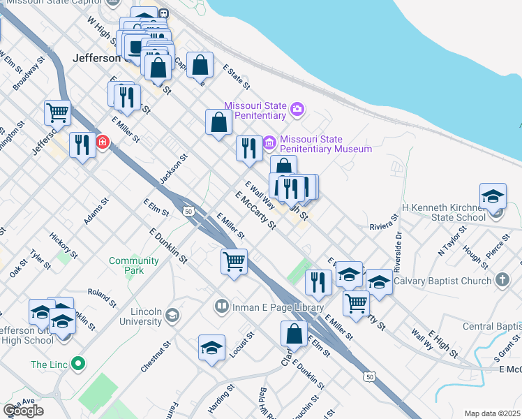 map of restaurants, bars, coffee shops, grocery stores, and more near 801 East McCarty Street in Jefferson City