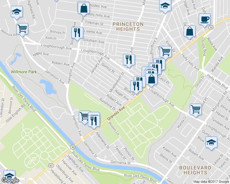map of restaurants, bars, coffee shops, grocery stores, and more near 4968 Nagel Avenue in St. Louis