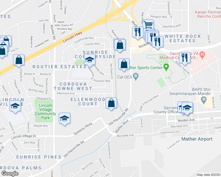 map of restaurants, bars, coffee shops, grocery stores, and more near 3478 Nut Plains Drive in Sacramento