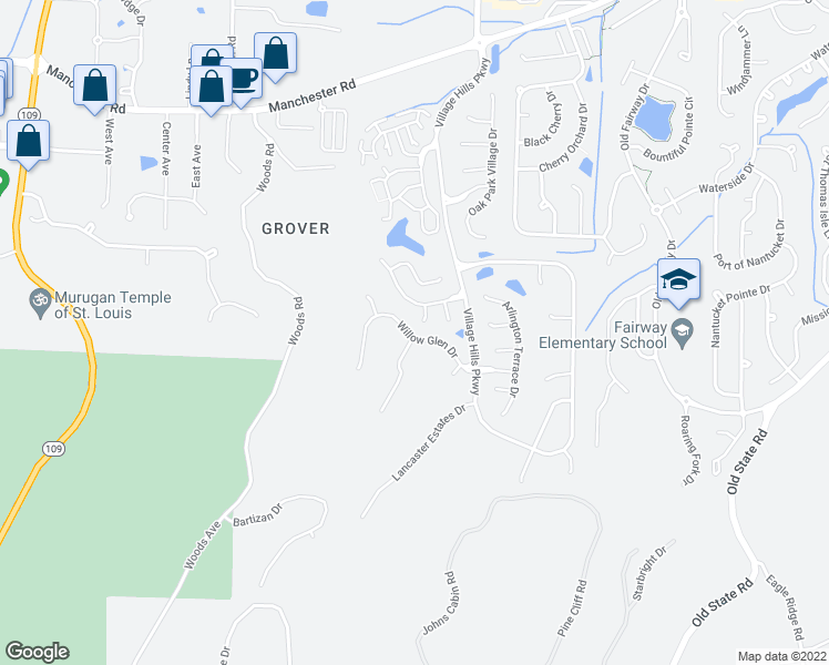 map of restaurants, bars, coffee shops, grocery stores, and more near 16541 Willow Glen Drive in Wildwood