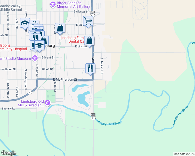 map of restaurants, bars, coffee shops, grocery stores, and more near 300-398 South Cole Street in Lindsborg