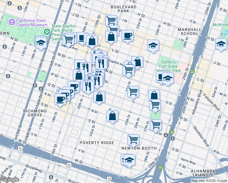 map of restaurants, bars, coffee shops, grocery stores, and more near 1520 23rd Street in Sacramento