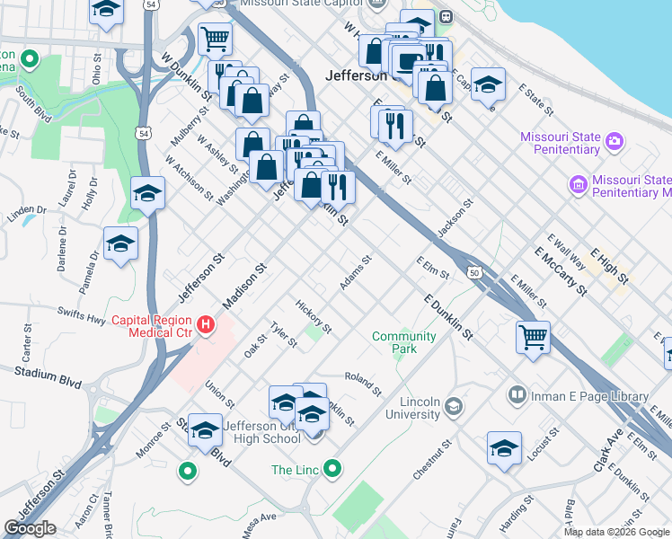 map of restaurants, bars, coffee shops, grocery stores, and more near 312 East Ashley Street in Jefferson City