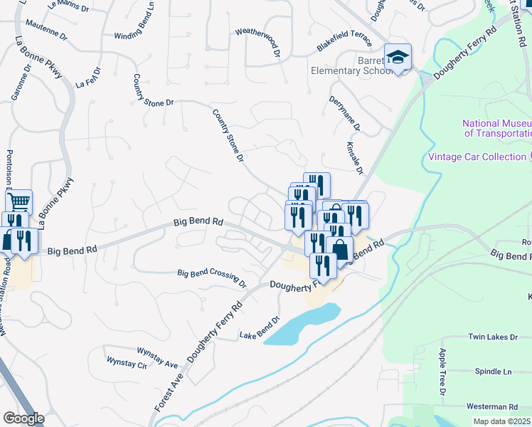 map of restaurants, bars, coffee shops, grocery stores, and more near 1625 Baronet Drive in Ballwin