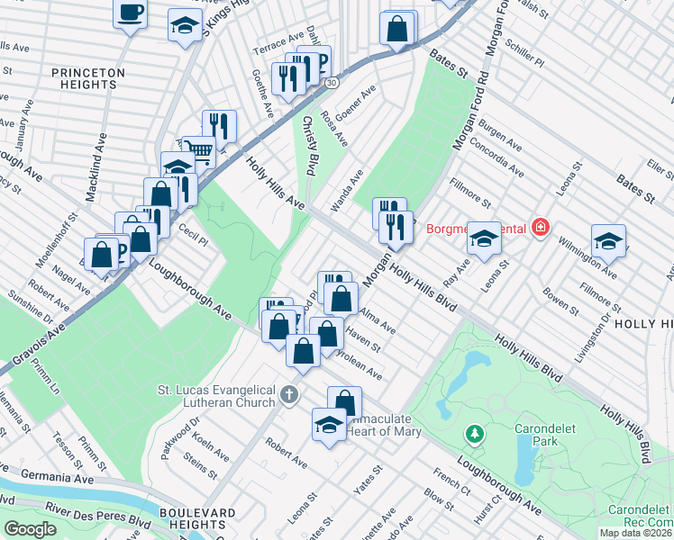 map of restaurants, bars, coffee shops, grocery stores, and more near 6508 Parkwood Place in St. Louis