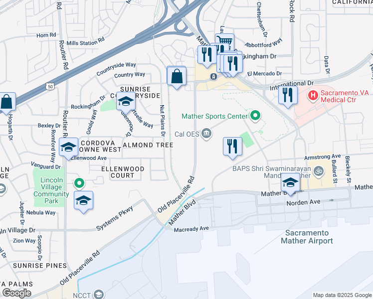 map of restaurants, bars, coffee shops, grocery stores, and more near 10415 Old Placerville Road in Sacramento