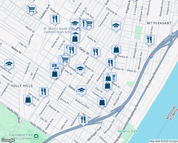 map of restaurants, bars, coffee shops, grocery stores, and more near 5211 Alaska Avenue in St. Louis