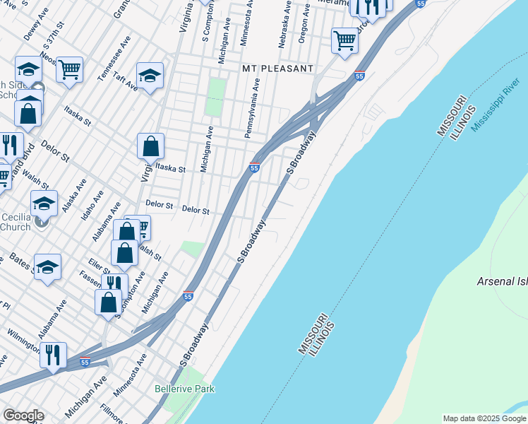 map of restaurants, bars, coffee shops, grocery stores, and more near 4751 South Broadway in St. Louis