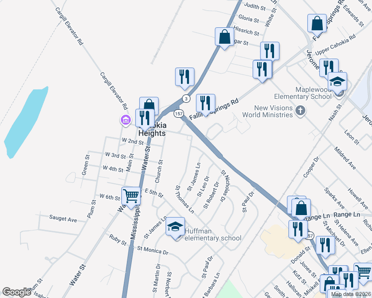 map of restaurants, bars, coffee shops, grocery stores, and more near 109 Saint Thomas Lane in Cahokia