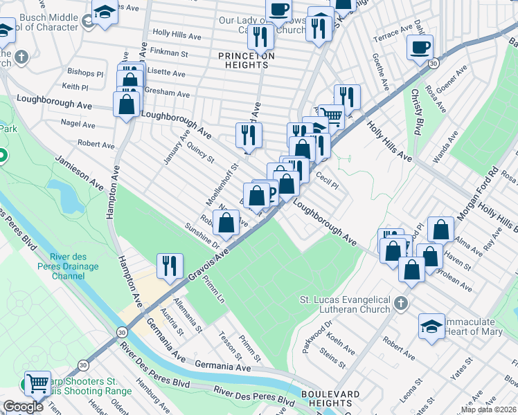 map of restaurants, bars, coffee shops, grocery stores, and more near 4912 Quincy Street in St. Louis