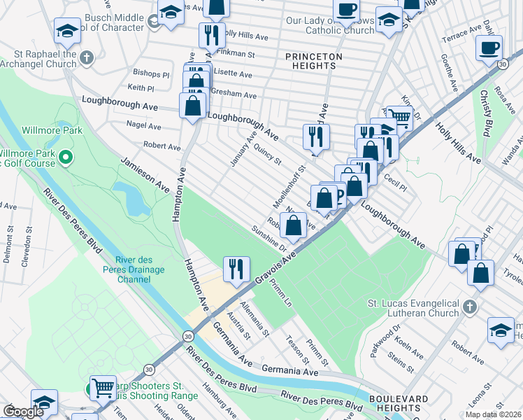 map of restaurants, bars, coffee shops, grocery stores, and more near 5215 Robert Avenue in St. Louis