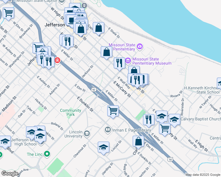 map of restaurants, bars, coffee shops, grocery stores, and more near 708 E Handley Way in Jefferson City