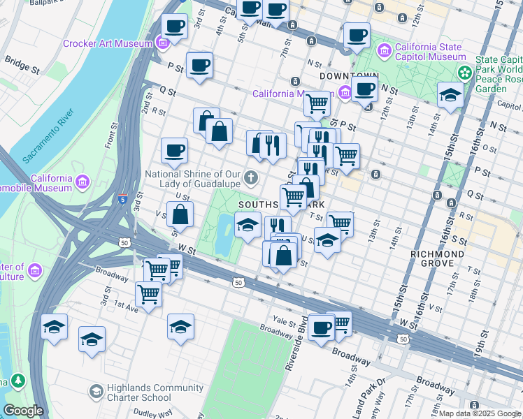 map of restaurants, bars, coffee shops, grocery stores, and more near 2025 8th Street in Sacramento