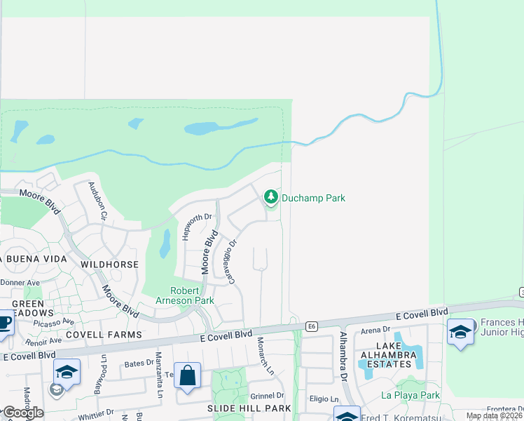 map of restaurants, bars, coffee shops, grocery stores, and more near 2617 Duchamp Street in Davis