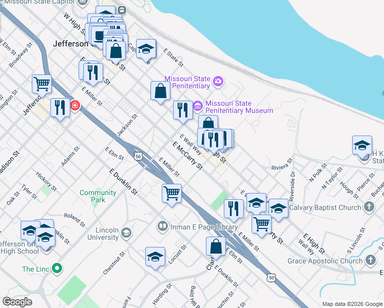 map of restaurants, bars, coffee shops, grocery stores, and more near 803 East McCarty Street in Jefferson City