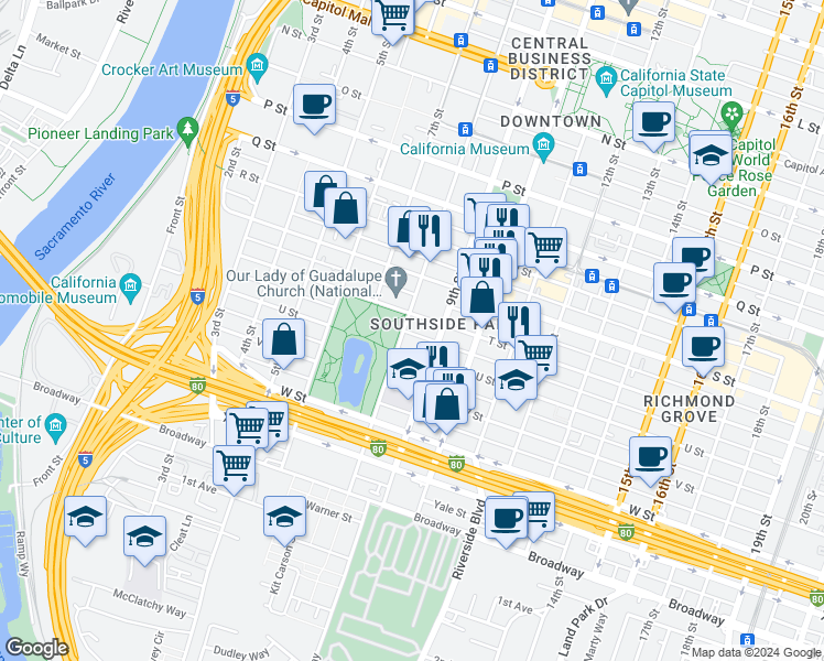 map of restaurants, bars, coffee shops, grocery stores, and more near 2013 8th Street in Sacramento