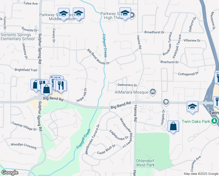 map of restaurants, bars, coffee shops, grocery stores, and more near 984 Silversprings Lane in Ballwin