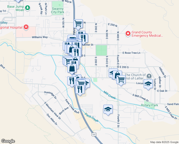 map of restaurants, bars, coffee shops, grocery stores, and more near 260 South 200 East in Moab