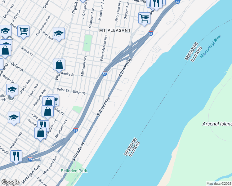 map of restaurants, bars, coffee shops, grocery stores, and more near 4742 South Broadway in St. Louis