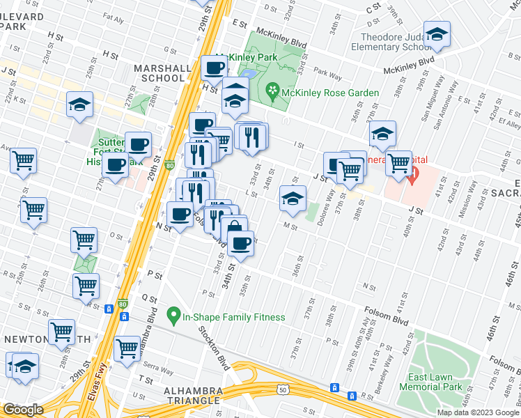 map of restaurants, bars, coffee shops, grocery stores, and more near 1224 34th Street in Sacramento