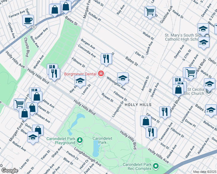 map of restaurants, bars, coffee shops, grocery stores, and more near 5931 Coronado Avenue in St. Louis