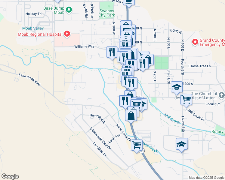 map of restaurants, bars, coffee shops, grocery stores, and more near 125 West 200 South in Moab