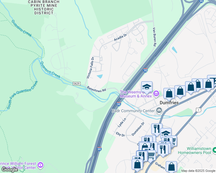map of restaurants, bars, coffee shops, grocery stores, and more near 17609 Barron Heights Road in Dumfries