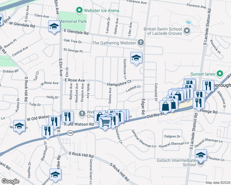 map of restaurants, bars, coffee shops, grocery stores, and more near 1323 Cheshire Lane in Webster Groves