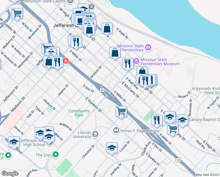 map of restaurants, bars, coffee shops, grocery stores, and more near 500 Lafayette Street in Jefferson City